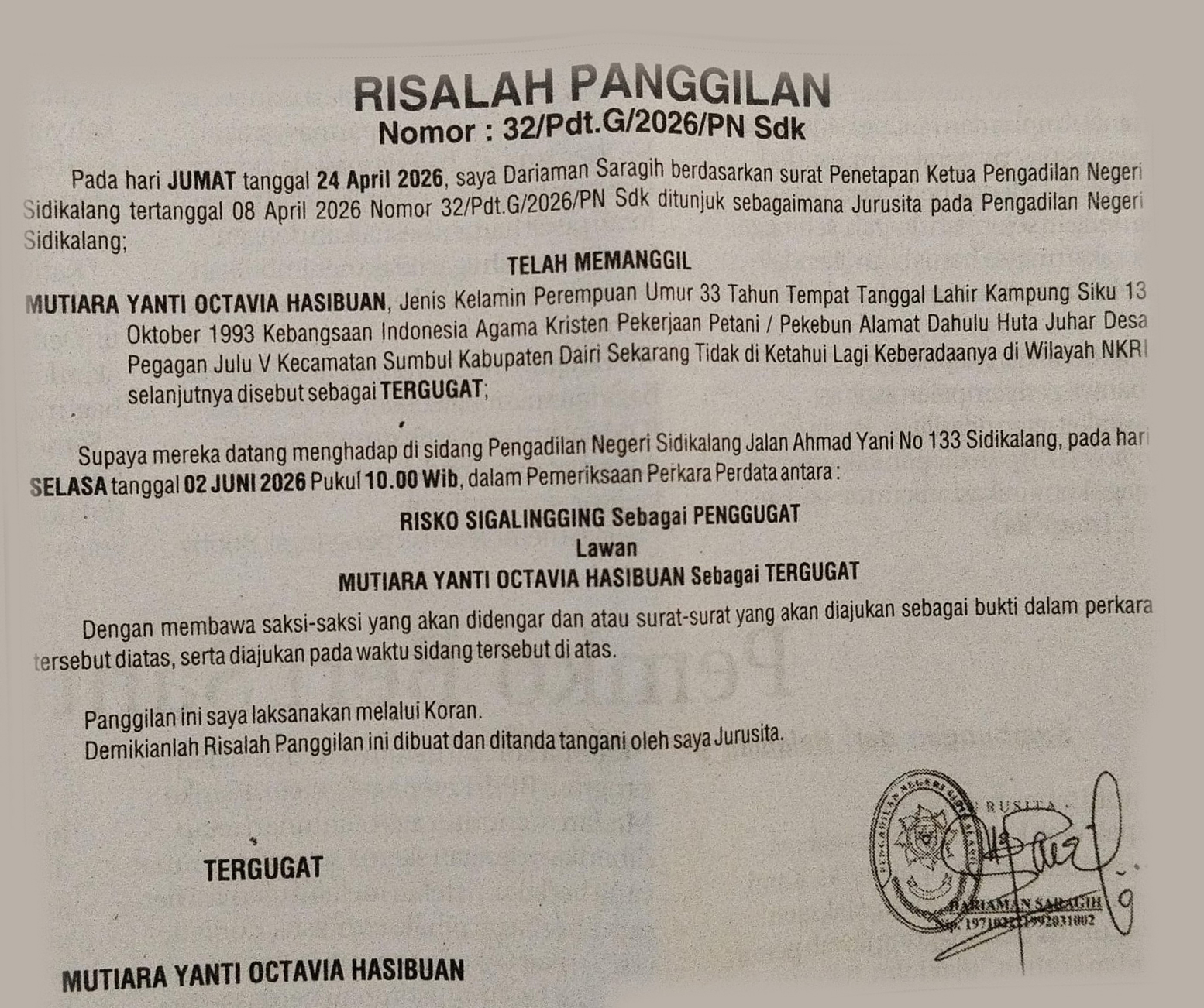 Relaas Panggilan Umum Nomor 32/Pdt.G/2026/PN Sdk 